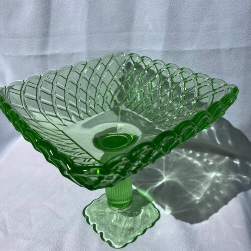 Trellis pattern green shops Glass pedestal compote Dish by LE Smith/ footed Fruit stand, pedestal server Vintage Wedding/ Tea Party Bridal Shower