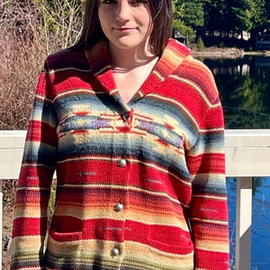 Lauren by Ralph Lauren hand knit sweater with southwest design with silver buttons, navajo Santa Fe style with shawl collar, pockets,
