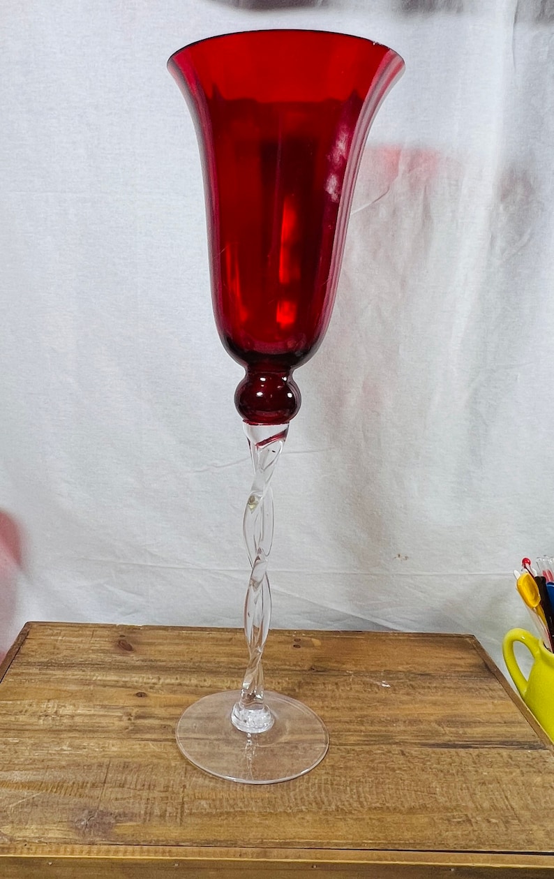 Tall Twisted Stem Red Glass Vase or Candleholder Center Etsy