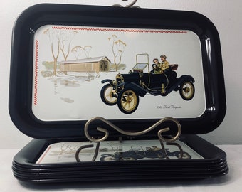 Metal serving tray for food, beverage, or decor. Ford Torpedo 1910, set of six (6) trays for decor or for use, vintage TV tray, bar cart