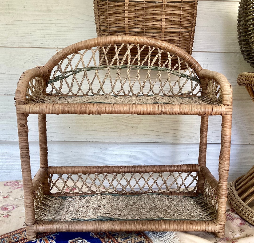 Wicker Rattan Shelf Two Tier Woven Stand Alone or Wall Shelf, Boho or