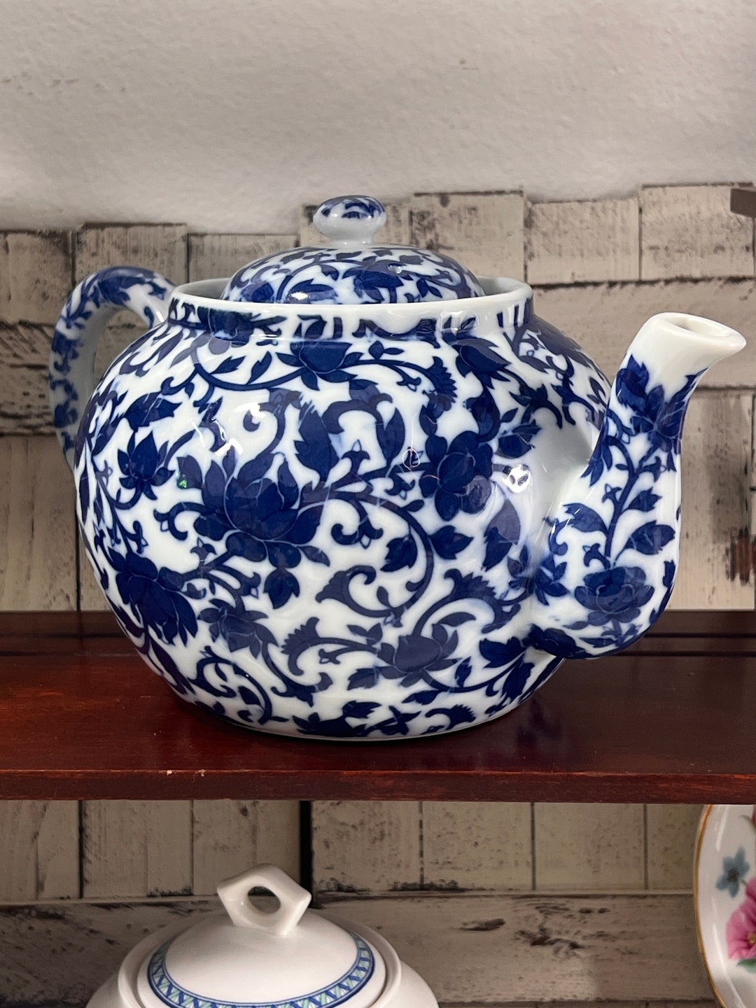 Vintage Williams Sonoma Teapot With Lid Blue and White Flower Etsy