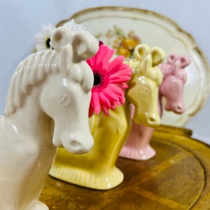 horse shaped planter or vase, set of three (3) vintage vases or planters, carousel horse in pastel colors, mid century planter or decor