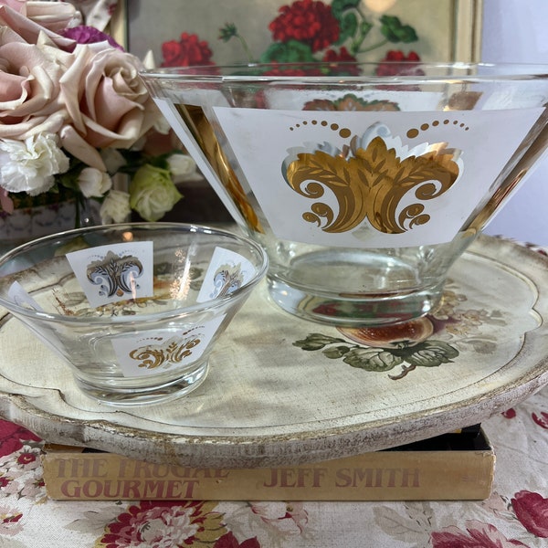 Vintage Libbey Glass Mid Century 50's Fleur de Lis Gold Wheat Medallion & White Frost Paneled Large 10 1/2" Chip and Serving bowls (2)