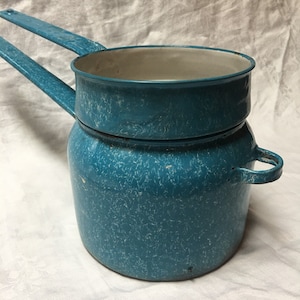 Rustic farmhouse ,Austrian made enamelware double boiler, Aqua and Blue swirl pattern, farmhouse style enamel ware,vintage granite wear