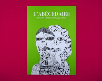 May include: A green book cover with the title "L'ABÉCÉDAIRE" and the text "de Laure Ghorayeb et Mazen Kerbaj". The cover features a black and white illustration of two faces.