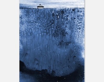 May include: A blue and white watercolor painting of a small boat sailing on a calm sea. The water is textured and appears to be very deep.