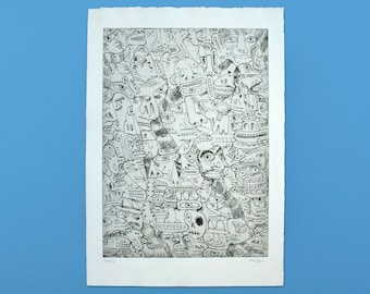 May include: Black and white print of a densely packed pattern of abstract faces and figures. The print is numbered 24/50 and signed "ArtGerm".