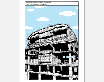 May include: Black and white illustration of a large, partially ruined building with a curved roof. The building is set against a blue sky with white clouds. The text "Le temps a bean passer pour nous autres mortel Toi to restes là impassible et changeun" is visible at the top of the image.