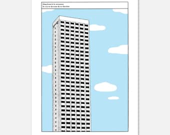 May include: Black and white line drawing of a tall building against a light blue sky with white clouds. The text "Abandoned à la naissance Je n'ai pas envie de te chercher" is at the top of the image.