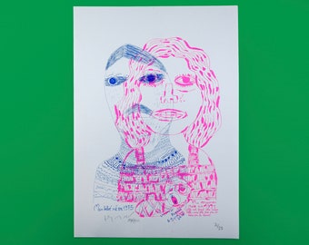 May include: A white paper print featuring a layered illustration of two faces in blue and pink ink. The artwork includes text in both English and another language, with the words "Mon bébé né en 1975" visible. The print is numbered 3/33.