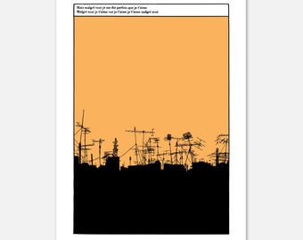 May include: A black and white illustration of a city skyline with many antennas on the rooftops. The text "Mais malgré tout je me dis parfois que je t'aime Malgré tout je t'aime oui je t'aime je t'aime malgré tout" is at the top of the image.