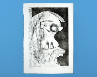 May include: Black and white abstract print of a face with a large open mouth. The print is signed "Mazen" and numbered "43/50".