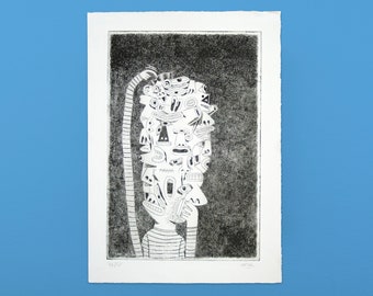 May include: Black and white print of a person with a head full of faces. The print is on white paper with a black border.