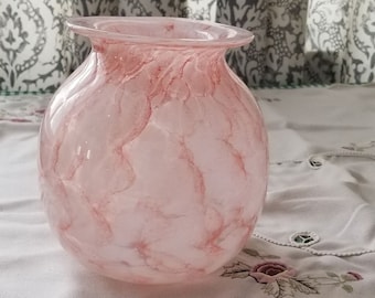 Grote mdina gevlekte roze/perzikachtige en witte glazen vaas met wijde opening