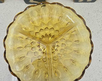 Amber Divided Cut Glass Dish Relish Tray Fall Plate