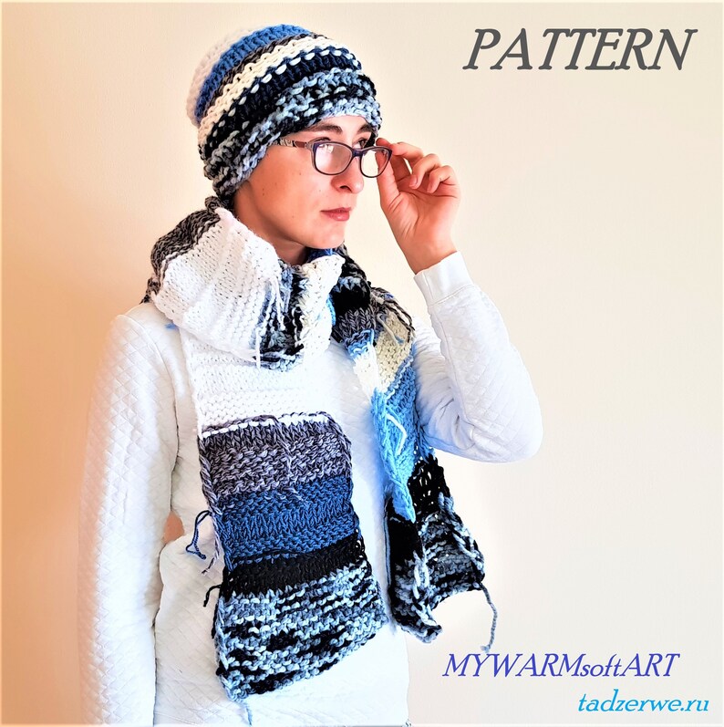 striped Knitted \u0440attern Hippie Set: A long White-blue- black scarf and hat. hand-knitted scarf and a striped hat with a fringe
