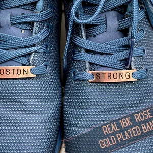 Boston Strong -Custom Runner Shoelace Tag- Gold Running Shoe Charm with Name or Motivational Word- Marathon Gift for Runners & Race Day Gear