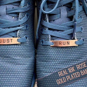 Just Run -Custom Runner Shoelace Tag- Gold Running Shoe Charm with Name or Motivational Word- Marathon Gift for Runners & Race Day Gear