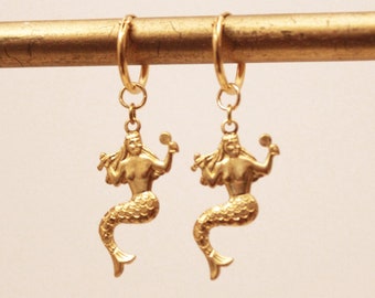 Golden hoop earrings brass melusine mermaid