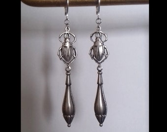 Art nouveau jugendstil earrings silver beetle insect and drops