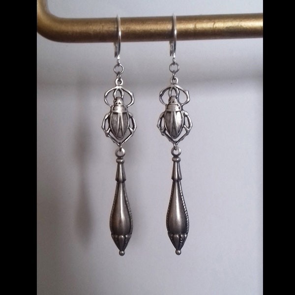 Art nouveau jugendstil earrings silver beetle insect and drops