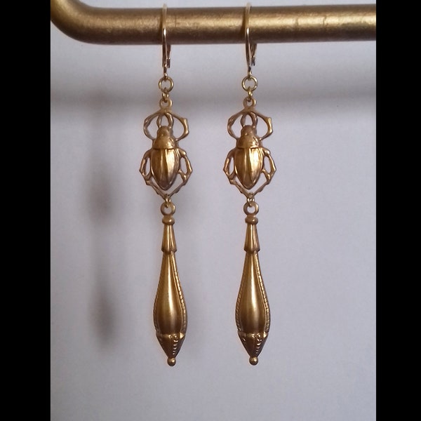 Art nouveau jugendstil earrings golden beetle insect and drops