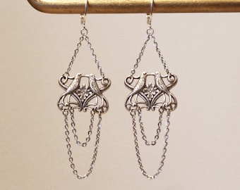 Art nouveau earrings silver birds chains