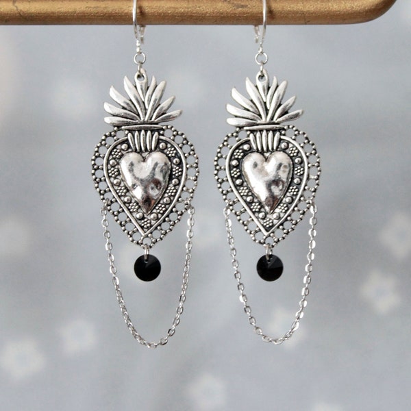 Boucles d'oreilles argentées cœur sacré mexicain ex-voto