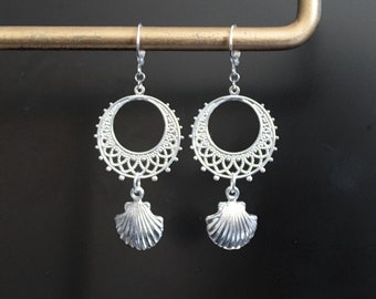 Boucles d'oreilles argentées coquillage coquille Saint Jacques