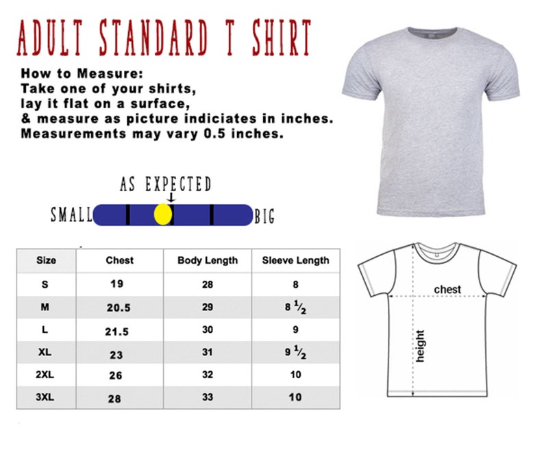 Pu&ograve; includere: Una tabella di taglie per t-shirt standard per adulti con misure in pollici per il petto, la lunghezza del corpo e la lunghezza della manica. La tabella include le taglie S, M, L, XL, 2XL e 3XL.