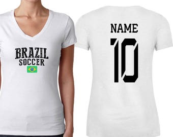Brazil T shirts Brasil Women's V neck 100% cotton tee Any Sports Customized Name and Number National Team