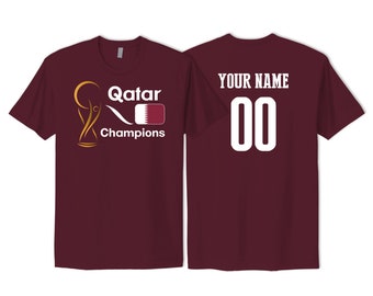 Qatar National Team Pride T Shirt Gold Trophy Logo Print with Customized Sports Name Number Printed in USA