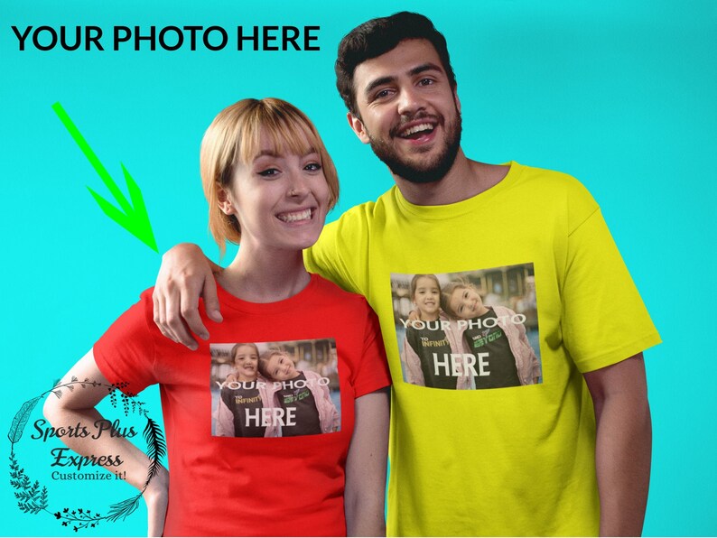 May include: Two people wearing red and yellow t-shirts with a photo of two children on the front. The text "YOUR PHOTO HERE" is printed on the shirts.