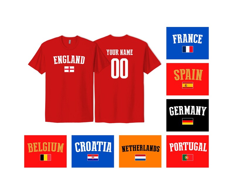 May include: A red short-sleeved t-shirt featuring the word ENGLAND and a flag on the front, with YOUR NAME and the number 00 on the back. The image also displays various country names and their respective national flags in rectangular boxes.