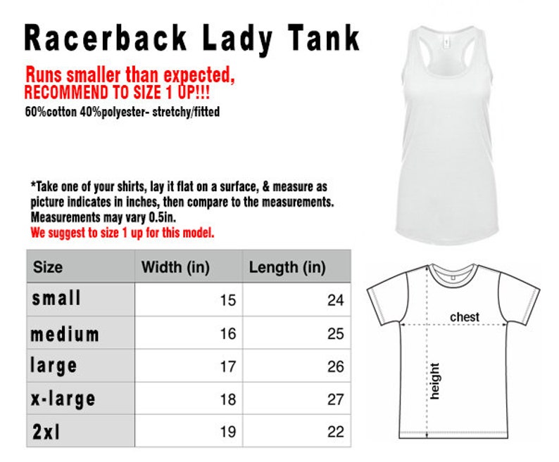 Op de afbeelding: Maattabel voor een racerback tanktop. De tabel toont de breedte en lengte in inches voor de maten S, M, L, XL en 2XL. De tekst luidt "Runs smaller than expected, RECOMMEND TO SIZE 1 UP!!! 60%cotton 40%polyester-stretchy/fitted"
