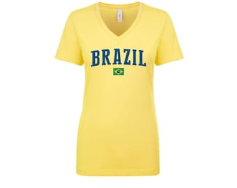Brazil V Neck T shirts Women Lady  100% cotton tee Any Sports  National Team Soccer Brasil tee tshirt
