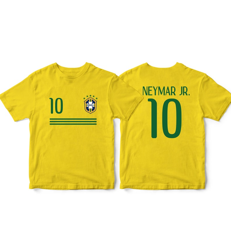 May include: Yellow soccer jersey with green and blue details. The front of the jersey has the number 10 and the Brazilian flag. The back of the jersey has the name "NEYMAR JR." and the number 10.
