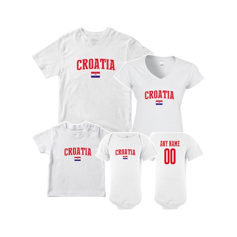 May include: A set of four white t-shirts featuring the Croatian flag and the word "Croatia" in red. The shirts are in different sizes for adults and children. One shirt has the text "ANY NAME 00" in red.
