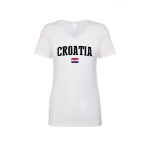May include: White v-neck t-shirt with the word "CROATIA" printed in black letters and the Croatian flag printed below the word.