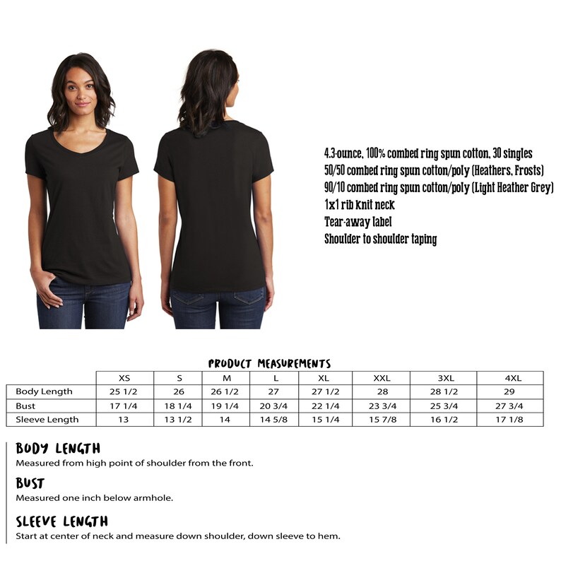 May include: A black V-neck t-shirt with short sleeves. The t-shirt is made of 4.3-ounce, 100% combed ring spun cotton. The size chart shows measurements in inches for body length, bust, and sleeve length.