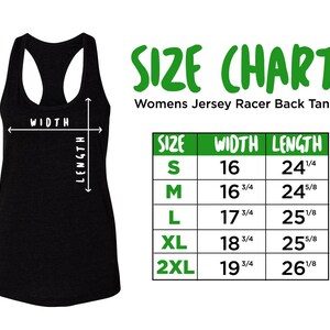 May include: Size chart for a racerback tank top. The chart shows the width and length measurements in inches for sizes S, M, L, XL, and 2XL.