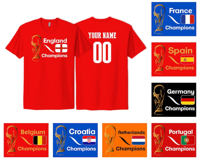 May include: A red t-shirt featuring a gold trophy graphic, the text England Champions, and the England flag on the front. The back displays the text YOUR NAME and the number 00 in white. Additional color variations for other countries are shown.
