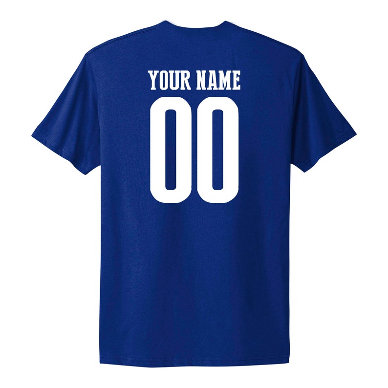 May include: Royal blue t-shirt with white text "YOUR NAME" and the number "00" on the back.