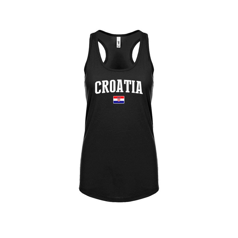 Op de afbeelding: Een zwart tanktop met het woord "CROATIA" in witte letters en de Kroatische vlag eronder gedrukt.