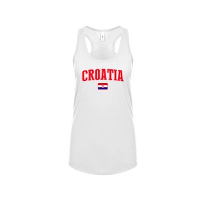 Op de afbeelding: Een wit tanktop met het woord "CROATIA" in rode letters en de Kroatische vlag eronder.