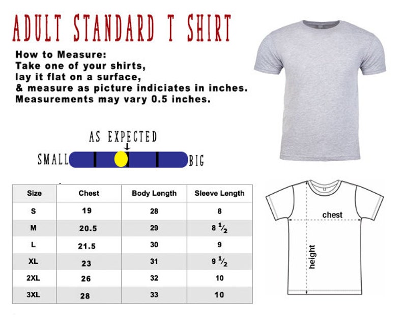 Op de afbeelding: Een maattabel voor standaard T-shirts voor volwassenen met maten in inches voor borst, lichaamslengte en mouwlengte. De tabel bevat de maten S, M, L, XL, 2XL en 3XL.