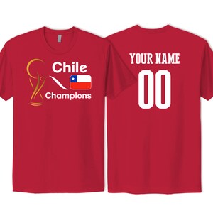 Chile National Team Pride T Shirt Gold Trophy Logo Print with Customized Sports Name Number Printed in USA