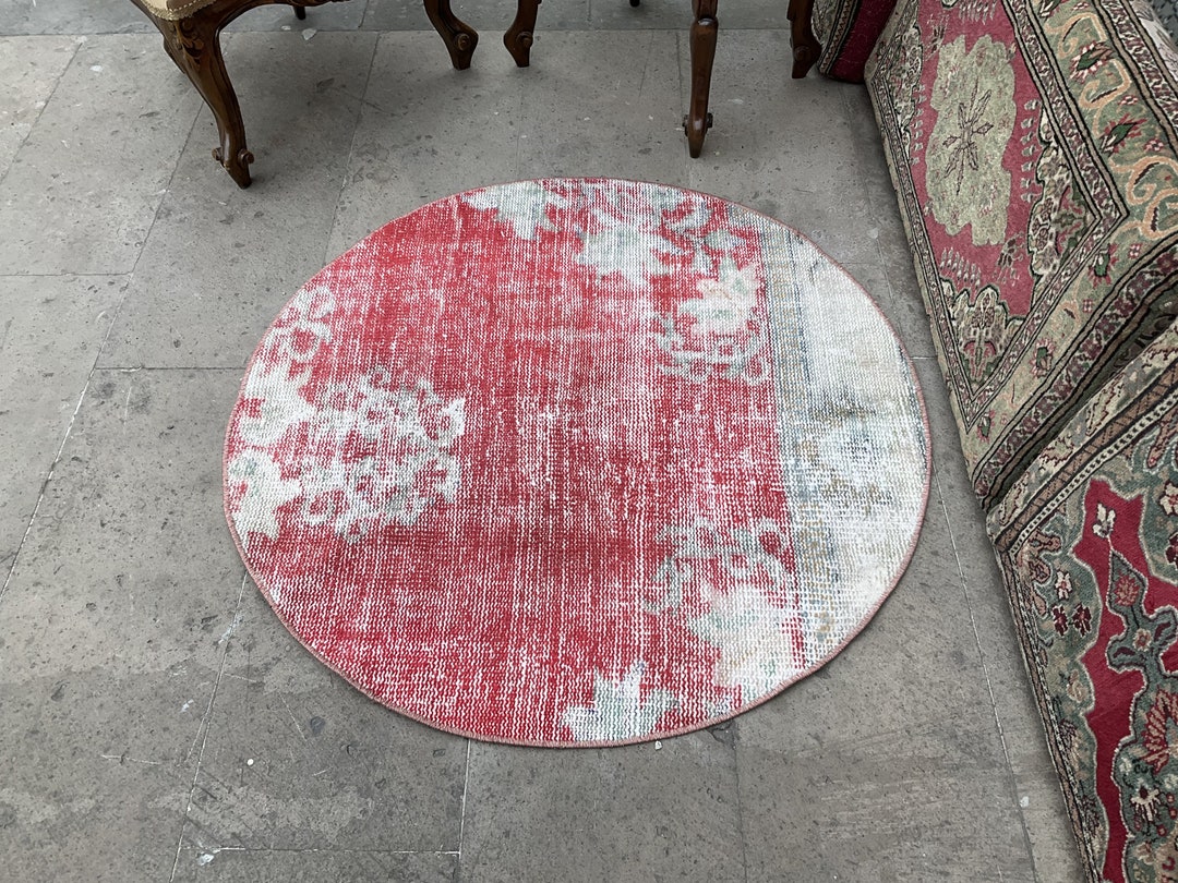 Red Circle Rug 3x3 Vintage Oval Rug Turkish Round Rug Etsy