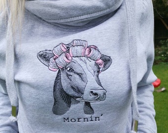 Embroidered Cross Neck Hoodie With Funny Cow